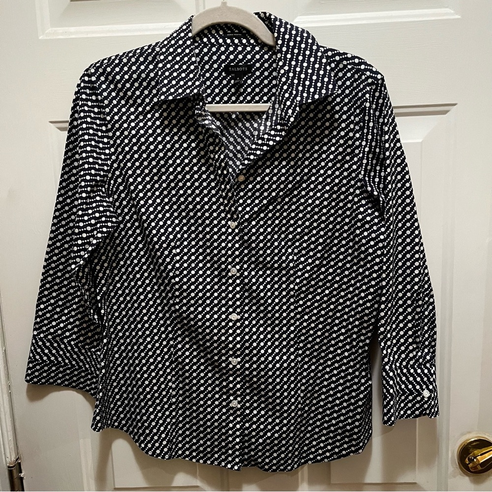 Talbot’s Navy and White Circle Print Wrinkle Resistant Patterned Collared Shirt